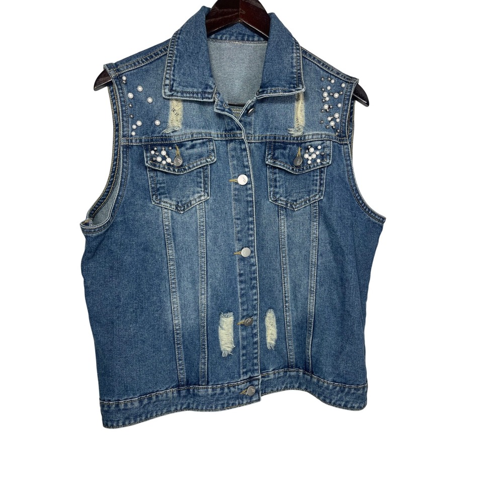 Denim Vest‎ Large Blue Pearl Stud Embellished Distressed Sleeveless Button Front